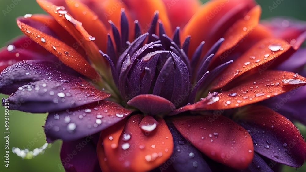 Close-up of a vibrant red and purple flower with water droplets on the petals. Close-up of a vibrant red and purple flower with water droplets on the petals.