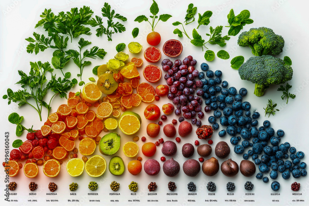 Rainbow Gradient of Fresh Fruits and Vegetables on White Background Rainbow Gradient of Fresh Fruits and Vegetables on White Background