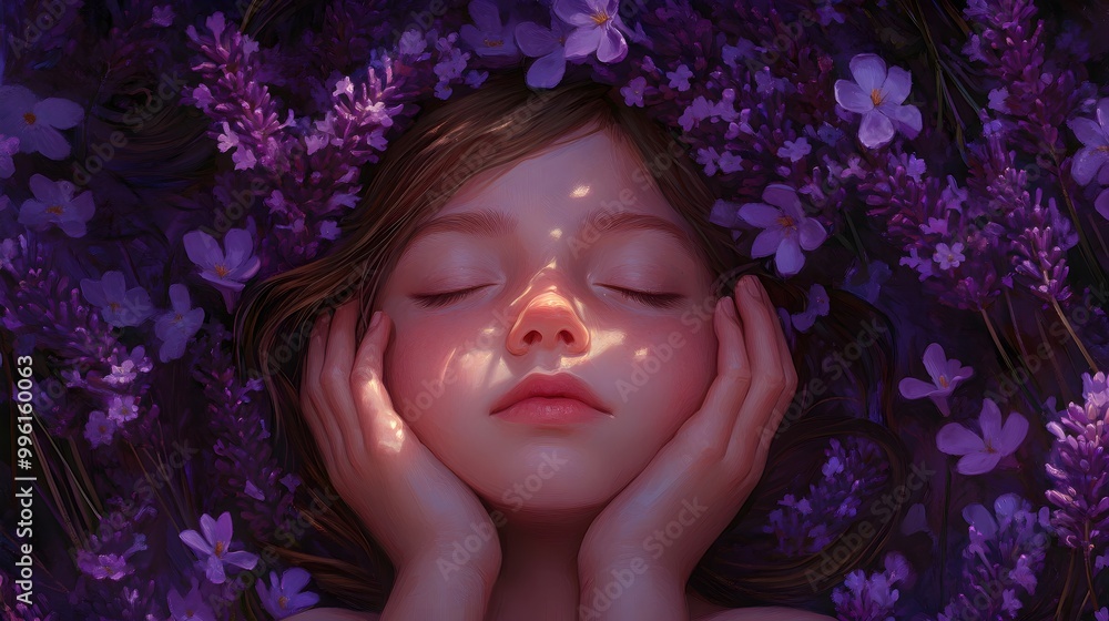 Serene Girl with Closed Eyes in Lavender Field Serene Girl with Closed Eyes in Lavender Field