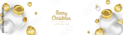 Happy New Year and Merry Christmas. Christmas holiday background with realistic 3d objects,gold and red bauble balls, conical metal stars. Levitation falling design composition.