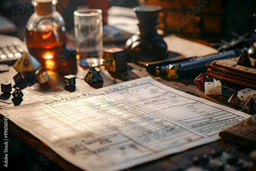 Role Playing Character Sheet Highlighting Attributes Skills and Magic Abilities for Fantasy Tabletop RPG Games Adventure photo