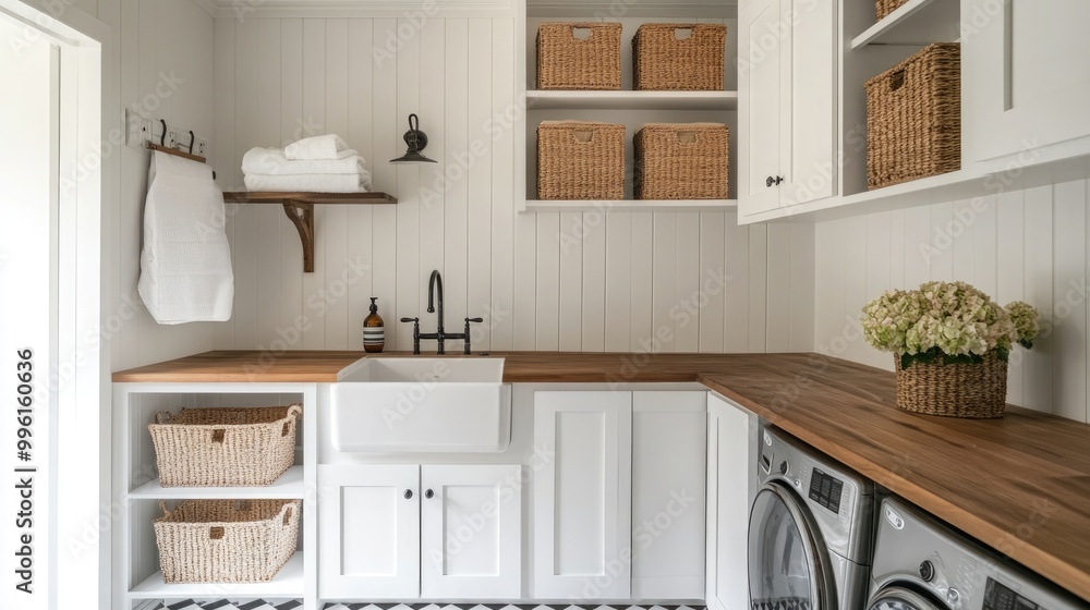Fototapeta premium A bright farmhouse laundry room with white cabinets