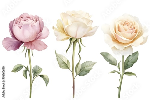 Watercolor floral bouquet, roses and peonies flower arrangement vector illustration isolated on white background, pastel color palette, muted colors, clipart style, isolated elements, pastel soft tone