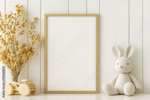 Minimalist Nursery Room with Blank Frame, Plush Bunny, and Wooden Toy