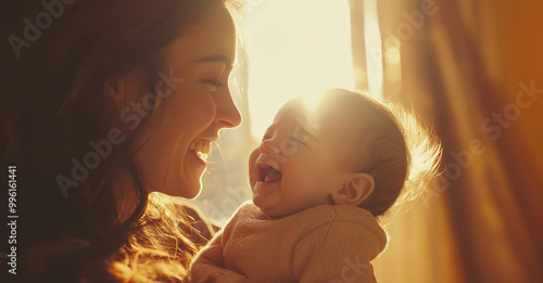 A mother holding the newborn in front of a bright light from a window at home. Close up photo of a happy woman and laughing child looking at each other with love and care, in a warm atmosphere.