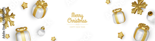 Happy New Year and Merry Christmas. Christmas holiday background with realistic 3d objects,gold and red bauble balls, conical metal stars. Levitation falling design composition.