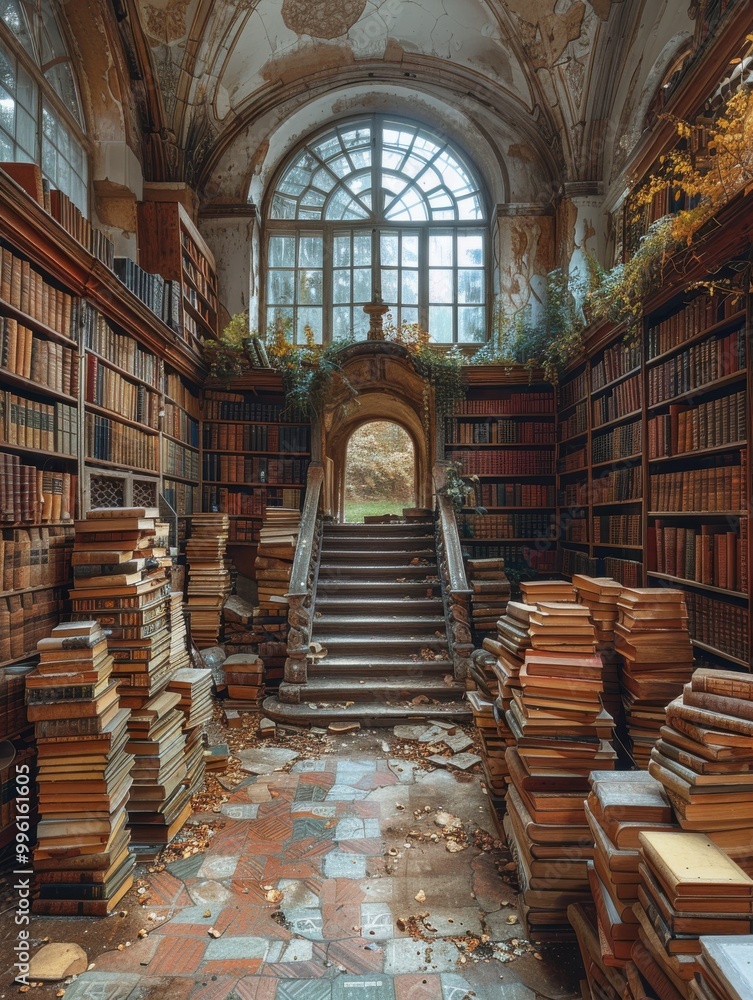 Abandoned library filled with dusty shelves and scattered books in a tranquil study setting Abandoned library filled with dusty shelves and scattered books in a tranquil study setting