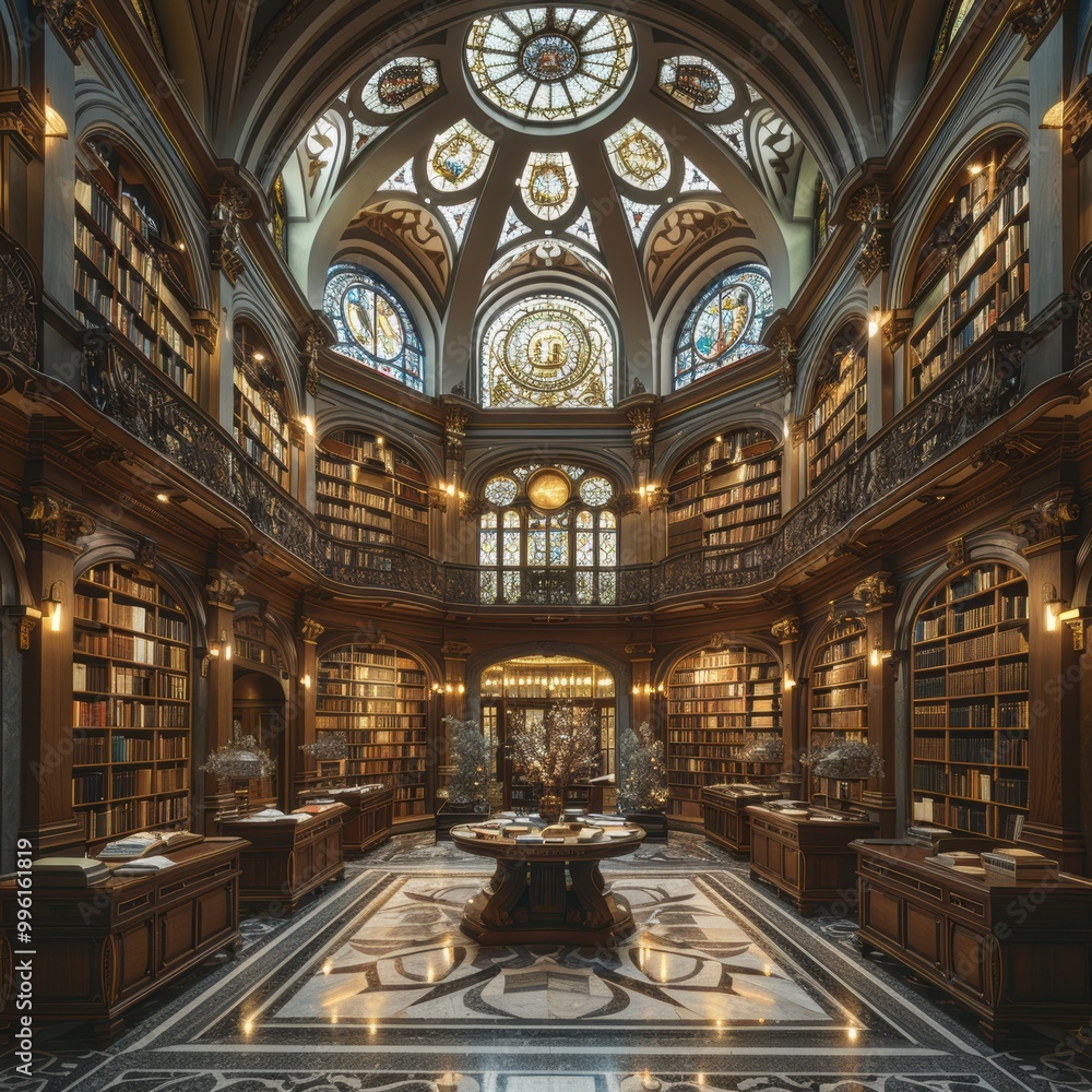 A grand library with ornate architecture, filled with books and illuminated by stained glass during daylight A grand library with ornate architecture, filled with books and illuminated by stained glass during daylight