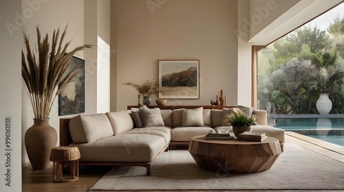 a minimalist Mediterranean-style interior with a neutral color palette. The layout features a spacious room with arched doorways and a high ceiling.