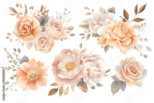 Watercolor floral bouquet, roses and peonies flower arrangement vector illustration isolated on white background, pastel color palette, muted colors, clipart style, isolated elements, pastel soft tone