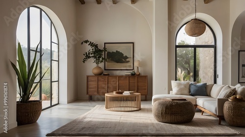 a minimalist Mediterranean-style interior with a neutral color palette. The layout features a spacious room with arched doorways and a high ceiling.