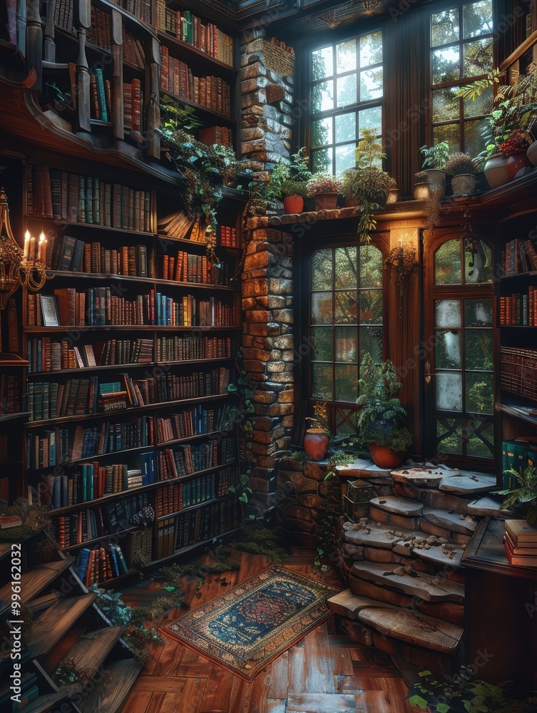 A serene corner of an old library with towering bookshelves, cozy seating, and natural light filtering through large windows A serene corner of an old library with towering bookshelves, cozy seating, and natural light filtering through large windows