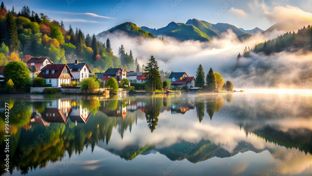 Fototapeta premium Tranquil mountain lake on a foggy morning, with serene reflections and houses on the shore, lake, mountain, fog, morning