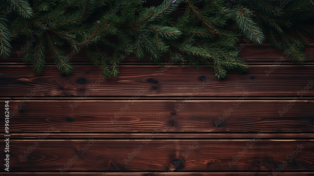 Spruce branches on a dark maroon wood background Spruce branches on a dark maroon wood background