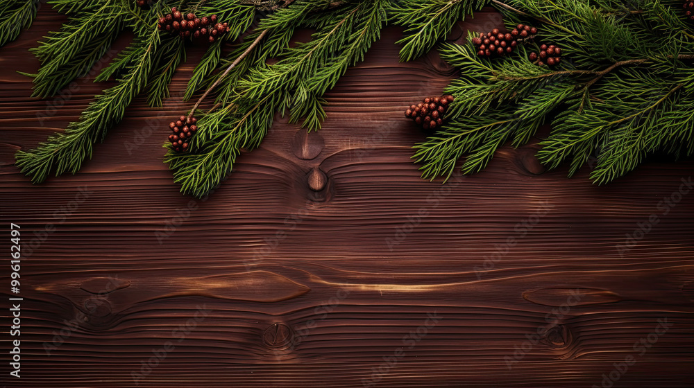 Spruce branches on a dark maroon wood background Spruce branches on a dark maroon wood background