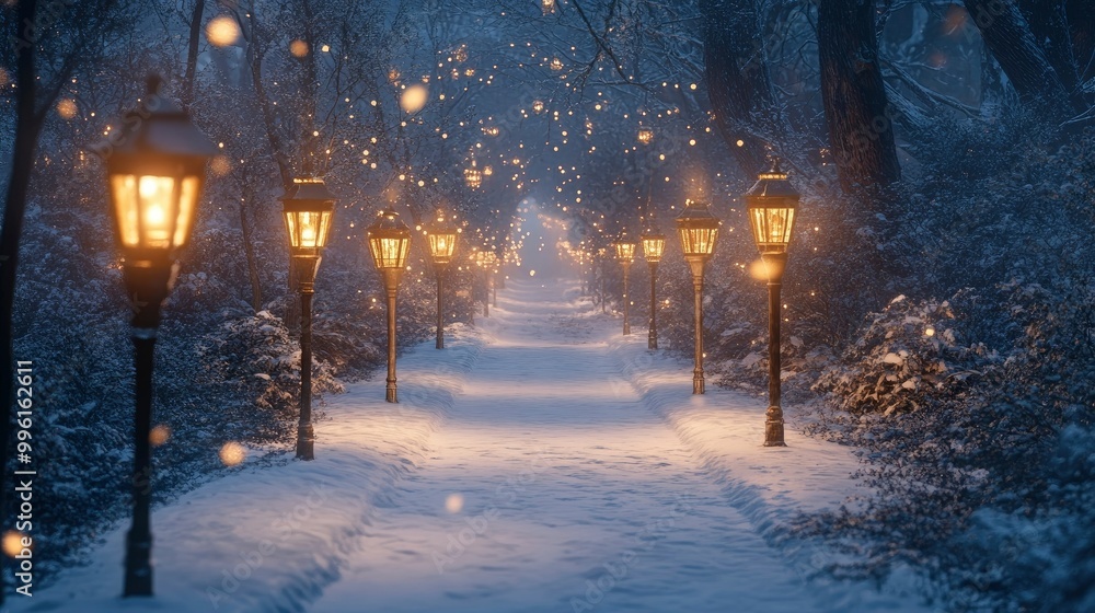 A snowy trail lined with glowing lanterns, leading through a serene winter forest. A snowy trail lined with glowing lanterns, leading through a serene winter forest.