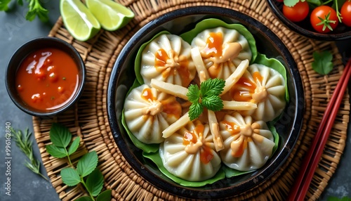 Steamed Siomay Dumplings with Peanut Sauce and Fresh Vegetables (Indonesian Cuisine)