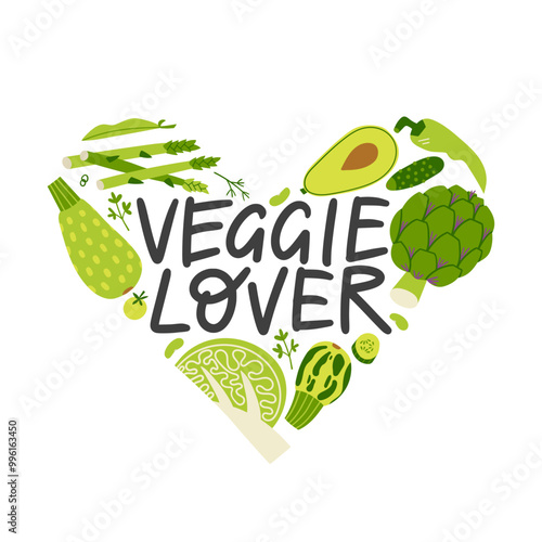 Veggie Lover heart shaped lettering. Cute hand drawn green vegetables with soft calligraphy. Healthy food concept for t-shirt print, sticker or poster. Plant-based diet sticker.