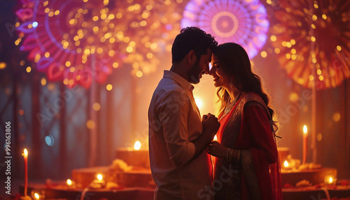 Indian couple holding hands celebrating diwali festival together