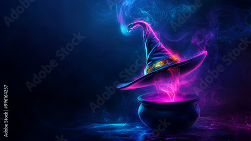 glowing witch hat hovers above bubbling cauldron, surrounded by swirling neon colored smoke. vibrant colors create mystical and enchanting atmosphere, perfect for Halloween