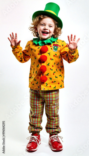 Happy boy wearing clown costume smiling with open hands