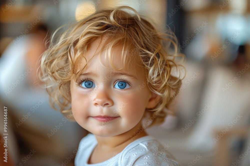 Captivating portrait of a young child with bright blue eyes and curly hair evoking innocence and joy in a warm environment Captivating portrait of a young child with bright blue eyes and curly hair evoking innocence and joy in a warm environment