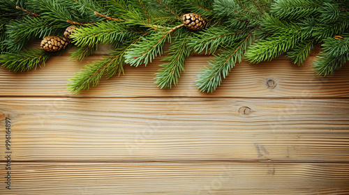 Spruce branches on a light green wood background