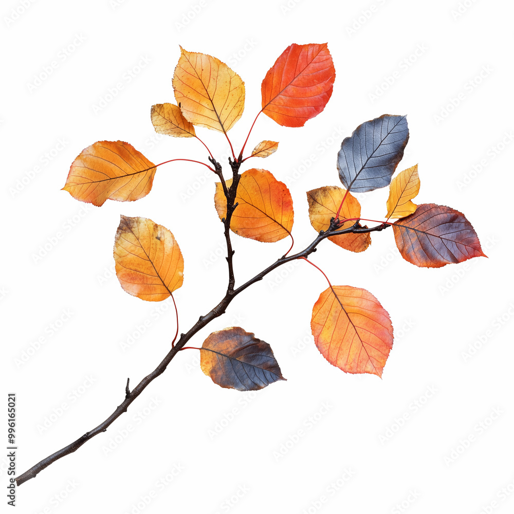 Branch of autumn leaves (Cherry plum) isolated on a white background Branch of autumn leaves (Cherry plum) isolated on a white background