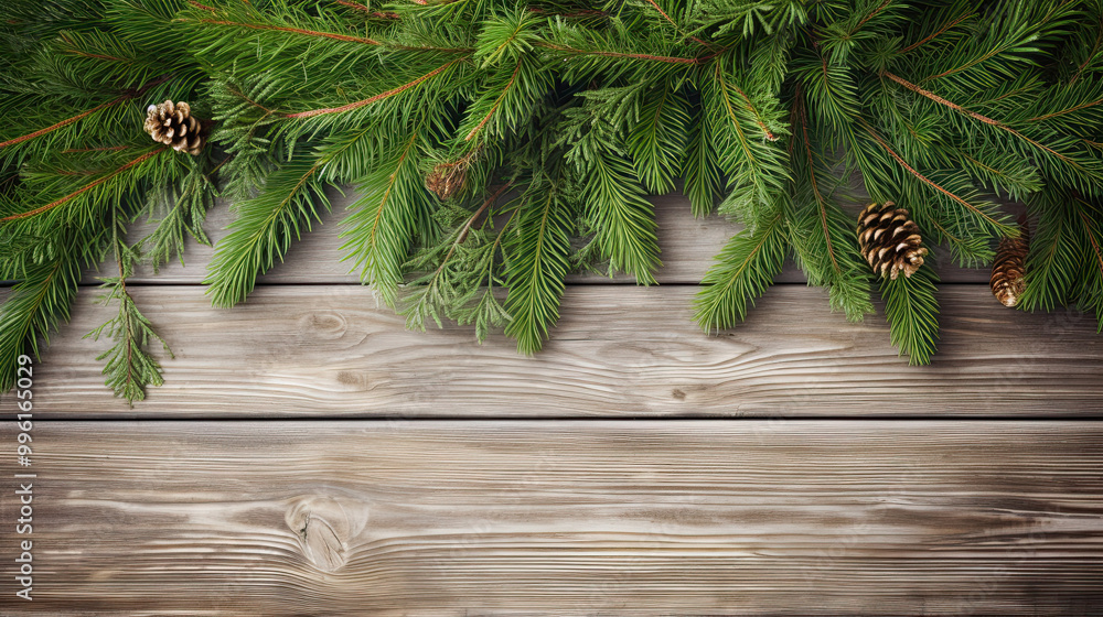 Spruce branches on a light green wood background Spruce branches on a light green wood background