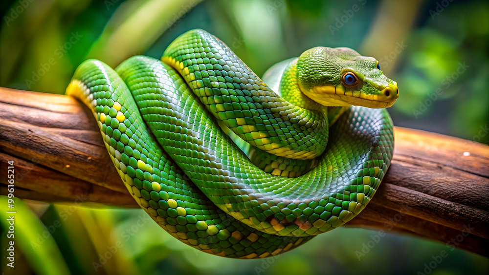 Fototapeta premium Green snake with yellow stripes coiled around a branch on background, snake, reptile, wildlife, nature, green, yellow