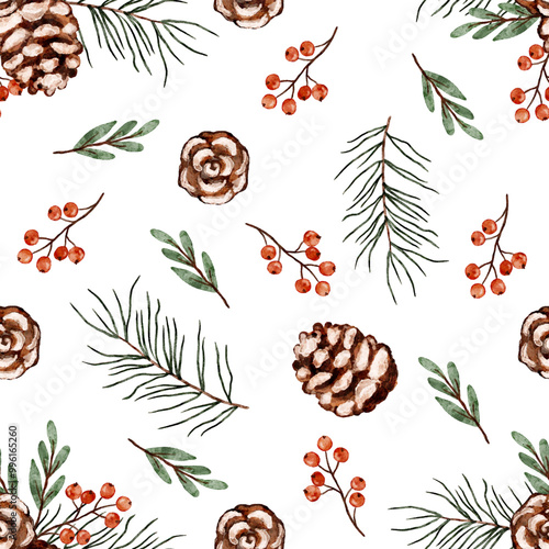 Christmas winter seamless pattern pinecones and holly berry, botanical new year design