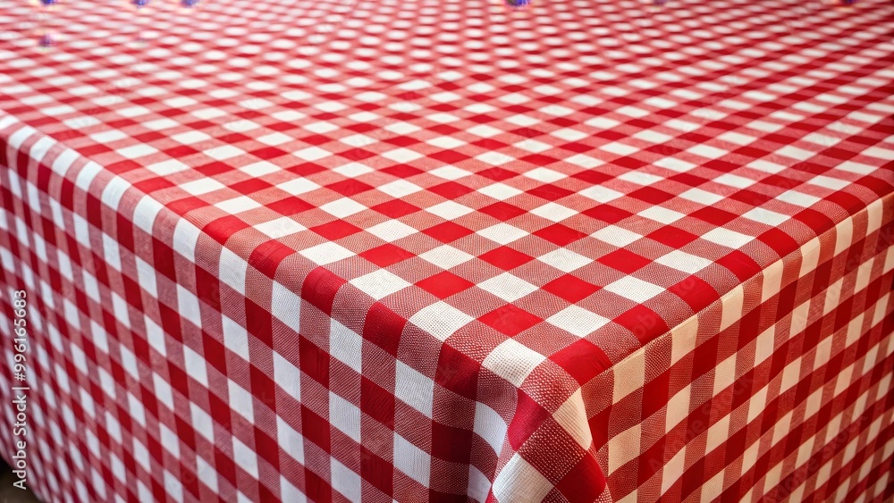 Red checkered tablecloth covering a tabletop, perfect for showcasing a meal or product Red checkered tablecloth covering a tabletop, perfect for showcasing a meal or product