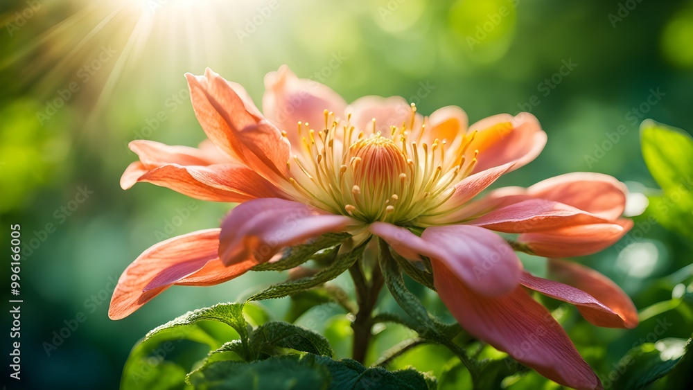 Naklejka premium A close-up shot of a pink flower with sun rays shining through the petals.