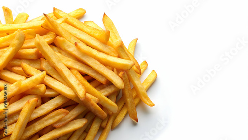 Golden French fries on a white background, crispy, meal, fast food, potato, delicious, snack, fried, unhealthy, appetizer