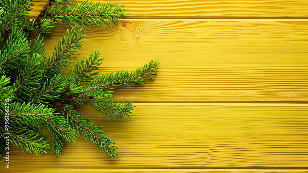 Spruce branches on a vivid lime wood background Spruce branches on a vivid lime wood background