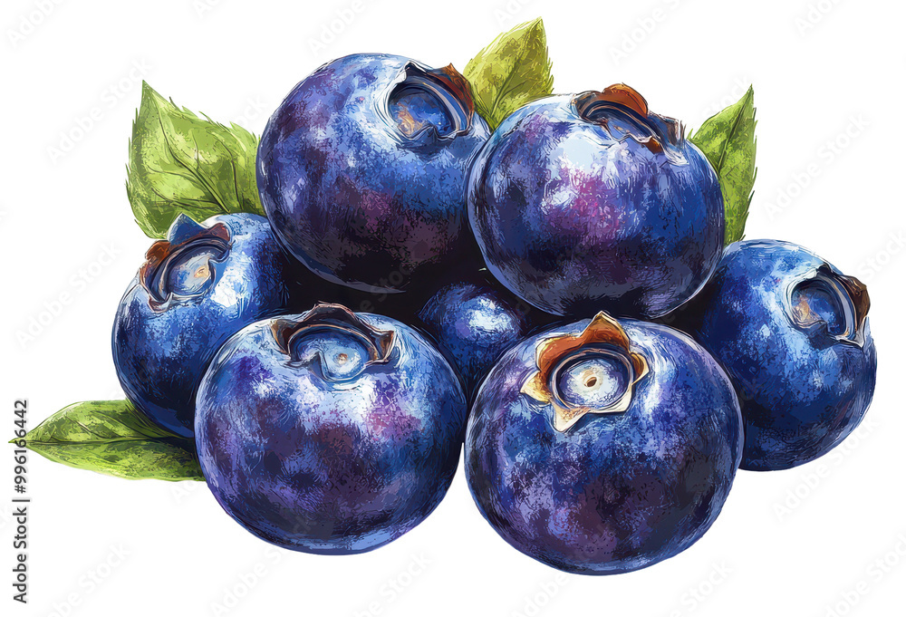 Obraz premium Illustration of a pile of blueberries with leaves on transparent background, showing vibrant colours and textures.