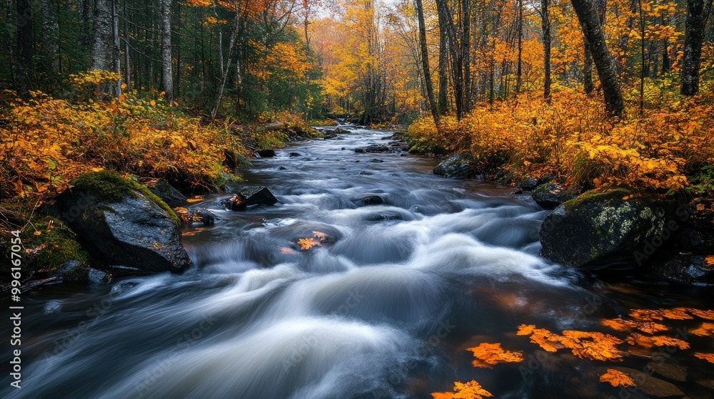 Smooth Flowing Stream in Autumn Forest with Fall Leaves Smooth Flowing Stream in Autumn Forest with Fall Leaves