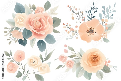 Watercolor floral bouquet with pink, blue, and red flowers on a white background illustration clipart.
