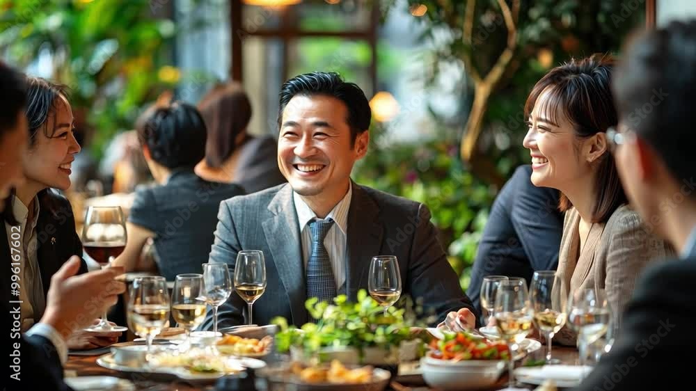 Asian and Western business executives sharing a meal, discussing partnership opportunities in a high-end restaurant with a fusion of cultural influences. Asian and Western business executives sharing a meal, discussing partnership opportunities in a high-end restaurant with a fusion of cultural influences.