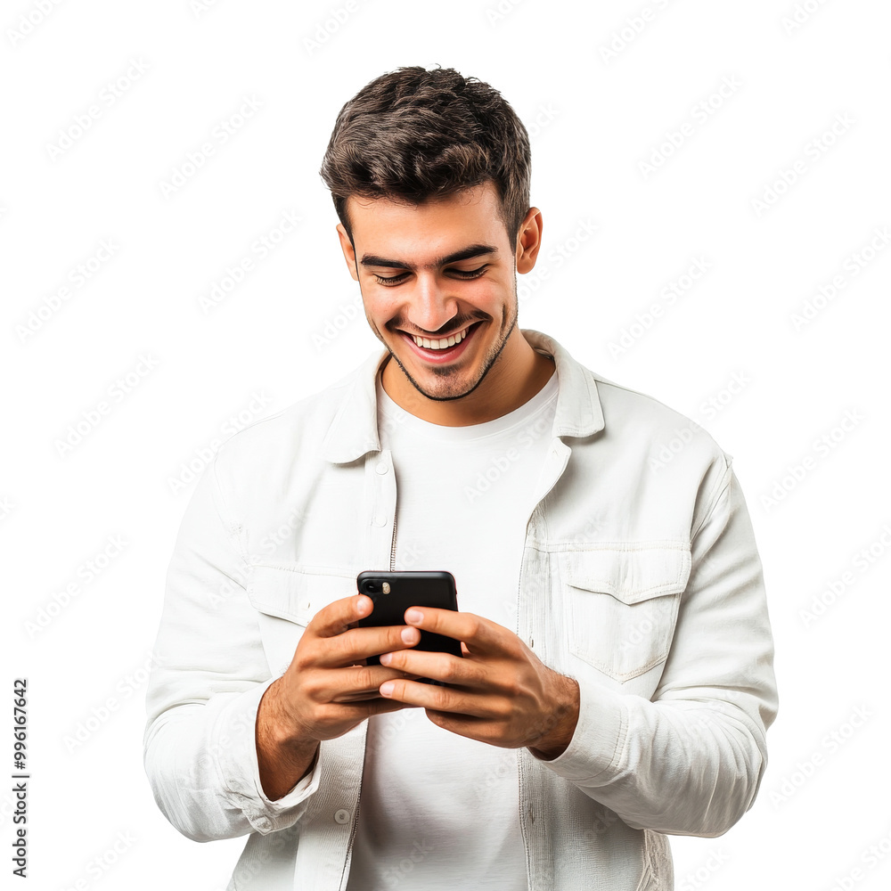 Young man smiling while using a smartphone indoors transparent Young man smiling while using a smartphone indoors transparent