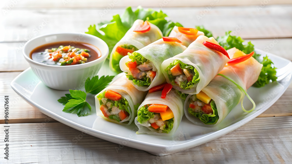 Fresh spring rolls with pork, vegetables, and dipping sauce on a white plate , food, Vietnamese, cuisine, appetizer Fresh spring rolls with pork, vegetables, and dipping sauce on a white plate , food, Vietnamese, cuisine, appetizer