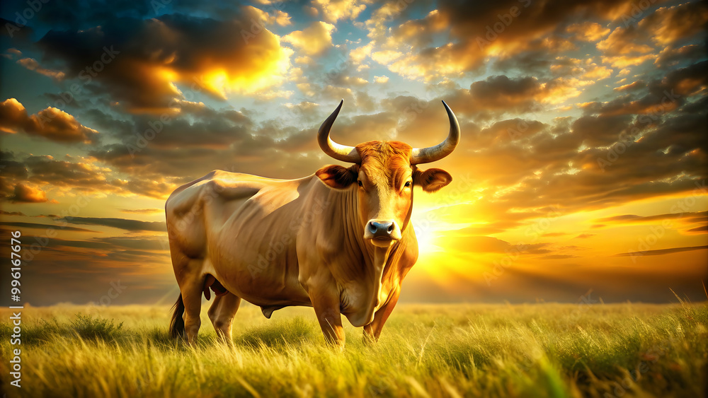 Majestic golden bull in sun-kissed meadow with gleaming horns, bull, golden, majestic, meadow, sun-kissed, warm light, horns Majestic golden bull in sun-kissed meadow with gleaming horns, bull, golden, majestic, meadow, sun-kissed, warm light, horns