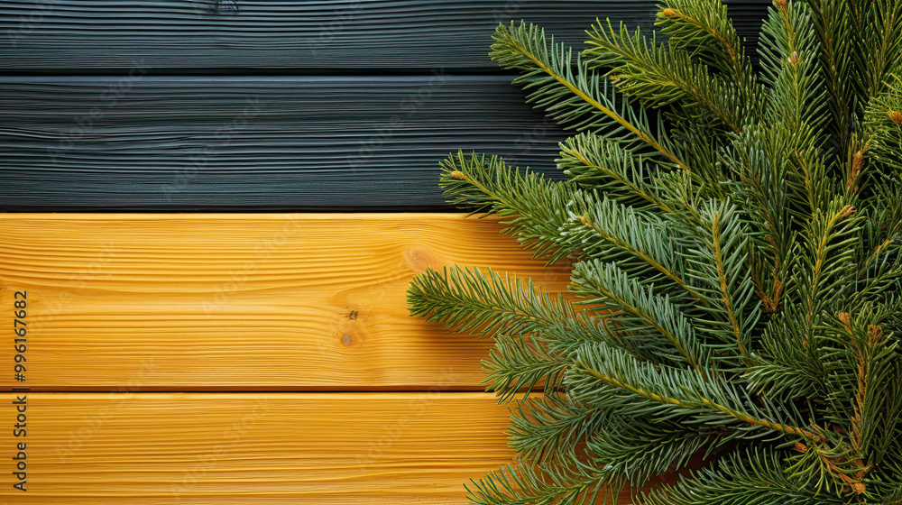 Spruce branches on a colorful wood background Spruce branches on a colorful wood background