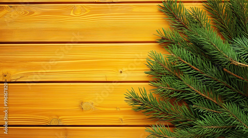 Spruce branches on a colorful wood background