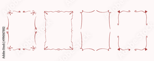 Hand-drawn vector frames with hearts and ribbons for romantic and festive designs. Decoration for Valentine’s Day, wedding invitations, love-themed cards, or gift packaging designs