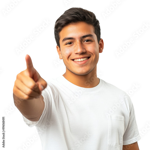 Young man smiling and giving a thumbs up indoors transparent