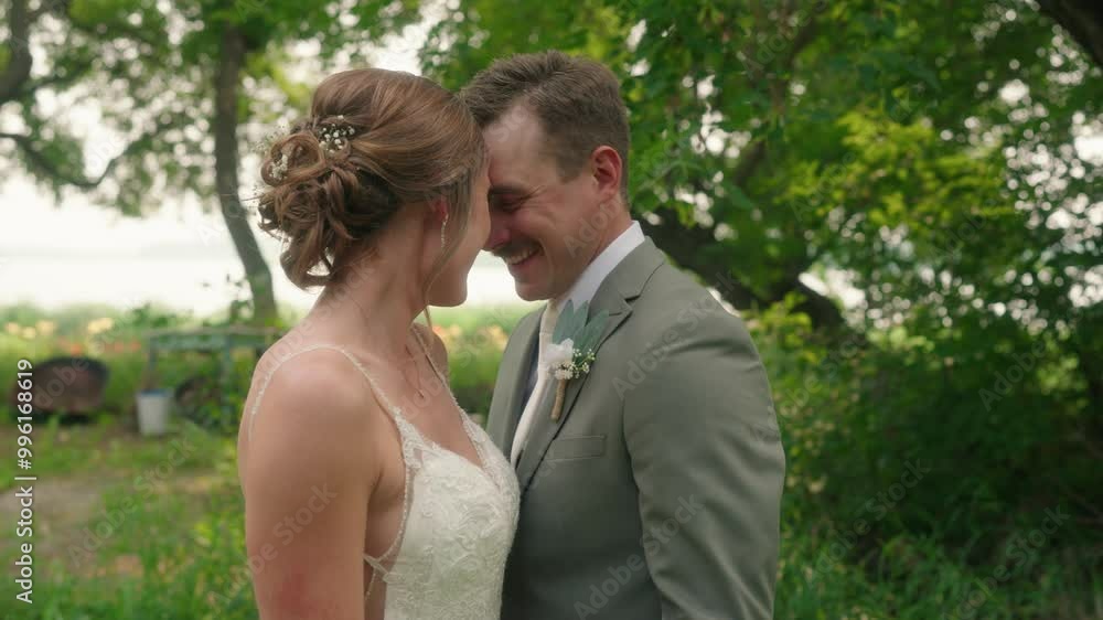 Bride and groom touch foreheads and smile in close-up with lake and sun rays in background Bride and groom touch foreheads and smile in close-up with lake and sun rays in background