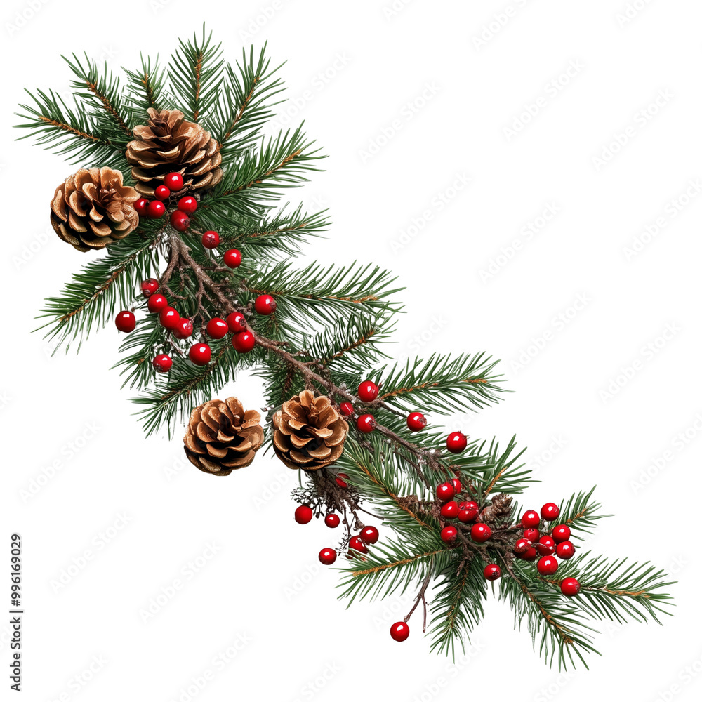 Christmas tree branches decorations of holly berry and pine cone on a transparent background Christmas tree branches decorations of holly berry and pine cone on a transparent background