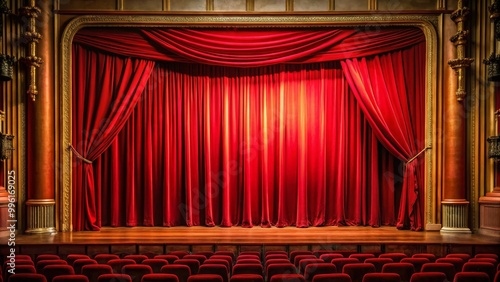 Red curtains are illuminated on a theater stage with a wooden floor