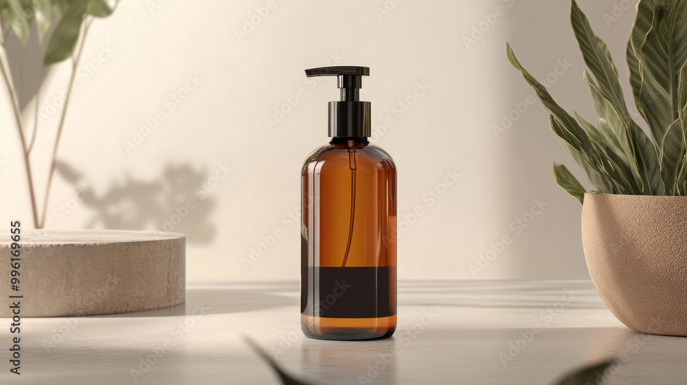 3D body spray bottle with glossy finish, elegantly displayed among greenery, creates serene and modern atmosphere. amber glass adds touch of sophistication 3D body spray bottle with glossy finish, elegantly displayed among greenery, creates serene and modern atmosphere. amber glass adds touch of sophistication